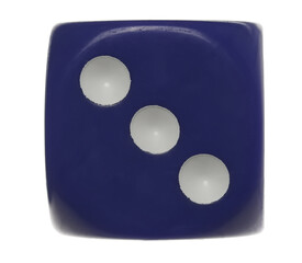 Blue gambling dice flying, number 3, macro isolated on white background, clipping path