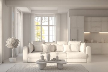 Grey home interior mock-up with sofa, living room concept in scandinavian style 3D illustration