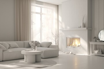 Grey home interior mock-up with sofa, fireplace and modern table, living room concept in scandinavian style 3D illustration