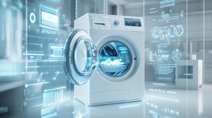 Futuristic product photography  open washing machine surrounded by holographic data visualizations