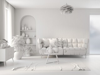 Grey home interior mock-up with sofa, living room concept in scandinavian style 3D illustration
