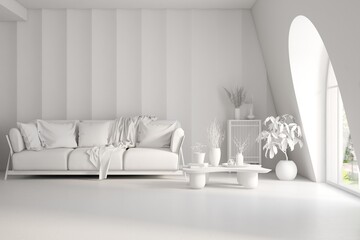 Grey home interior mock-up with sofa, living room concept in scandinavian style 3D illustration