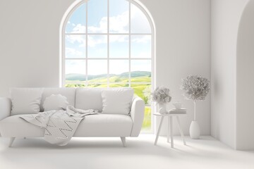 Grey living room concept with sofa and summer landscape in window. Scandinavian interior design. 3D illustration