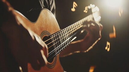 Musician plays an acoustic guitar on a softly lit stage, setting a cozy mood with an enchanting tune