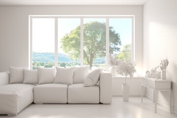 Grey living room concept with sofa and summer landscape in window. Scandinavian interior design. 3D illustration