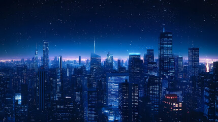 Fototapeta premium A dark blue cityscape at night, with skyscrapers lit up against the sky