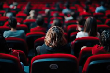 People Watching a Cinematic Narration in a Theater Filled With Red Seats During an Evening Show