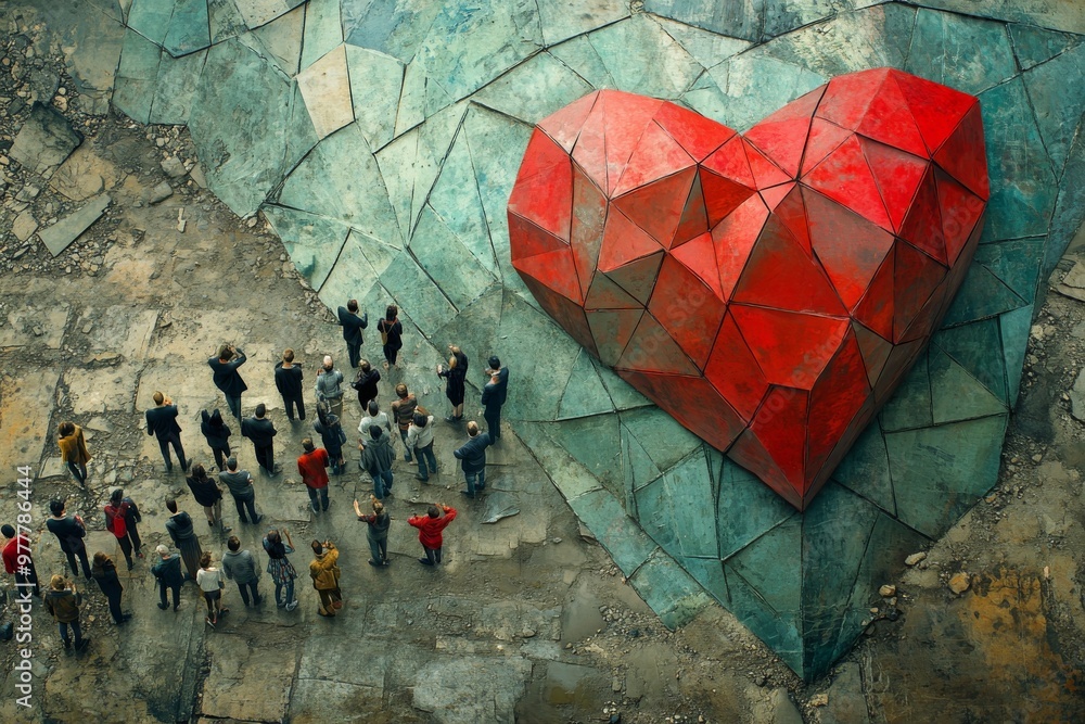 Poster mosaic artwork of a geometric red heart surrounded by tiny human figures symbolizing community unity