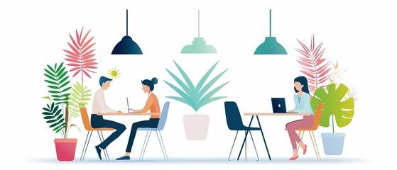 Remote collaboration in a cozy cafe setting, team members on laptops, digital nomads, informal yet productive atmosphere, high-speed internet, effective teamwork