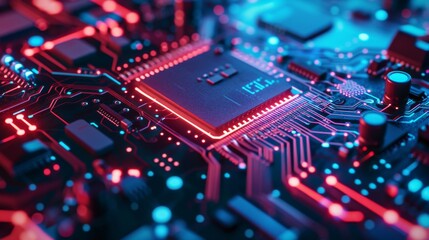 Obraz premium Close Up of a Glowing Circuit Board with Microchip