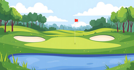 Scenic Golf Course with Flag and Lake View on a Sunny Day