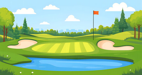 Scenic Golf Course with Flag and Lake View on a Sunny Day