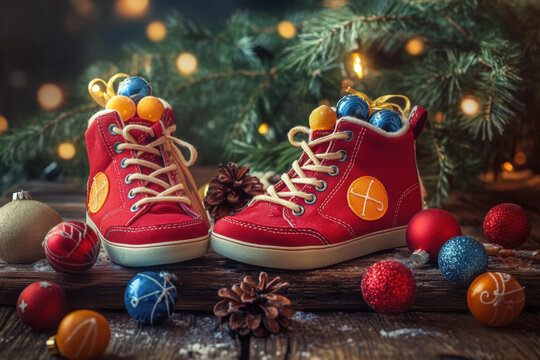 Red children's shoes filled with sweets and treats for saint nicholas day celebration under the christmas tree