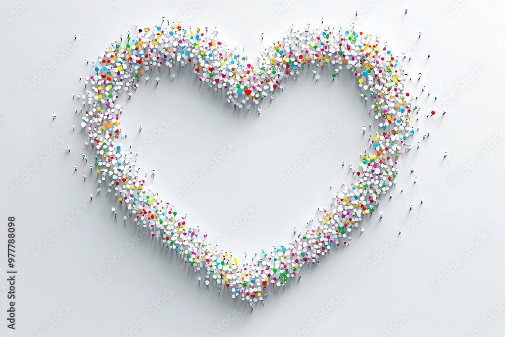 Poster heart made of scattered confetti particles symbolizing the fragility joy and complexity of love in a