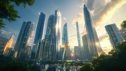 Fototapeta premium Futuristic Skyscrapers in a City Skyline at Sunset