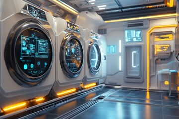 Futuristic laundry room featuring advanced washing machines and holographic control interfaces