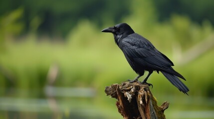 Obraz premium Black Crow Perched on a Tree Stump in a Lush Forest Setting