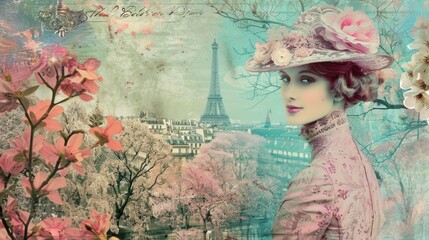 paris with flowers and fashionable woman, vintage postcard