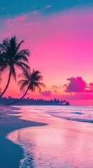Tropical beach at dusk with palm trees and vibrant skies