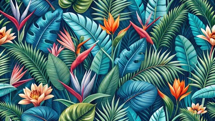 Tropical plants seamless pattern with bird of paradise, selenicereus chrysocardium, and hoya obovata on blue background in blue and pink tones