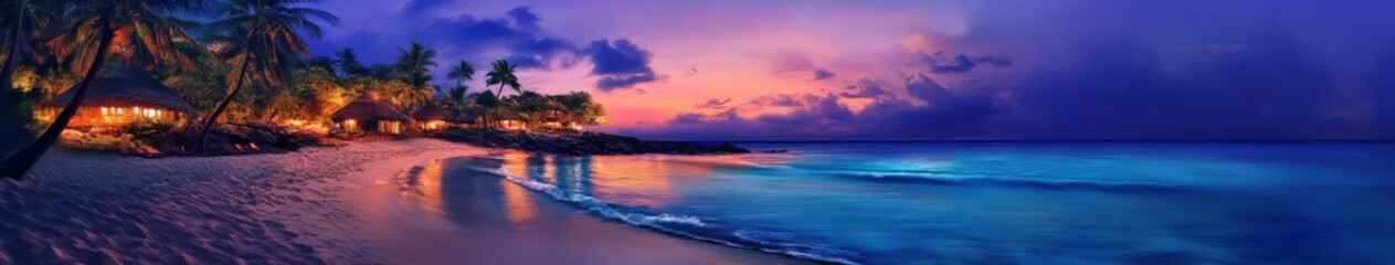 Tropical beach at dusk with gentle waves and palm silhouettes by twilight