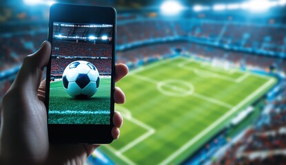 soccer ball on a smartphone display against the background of a stadium