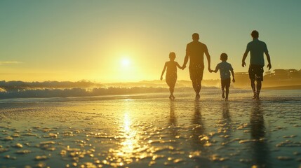 Fototapeta premium Family walks hand in hand on a beach at sunset, silhouetted against the golden light, showing love and togetherness in a joyful scene of happiness and summer fun