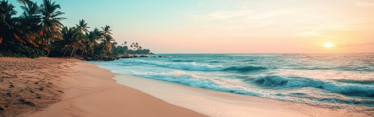 Tropical beach at dusk with gentle waves and palm trees swaying