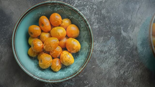 Fresh kumquat harvesting in a sunny orchard during early morning hours in Florida