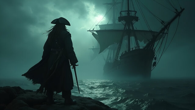 Mysterious pirate with sword gazing at ghost ship in foggy night