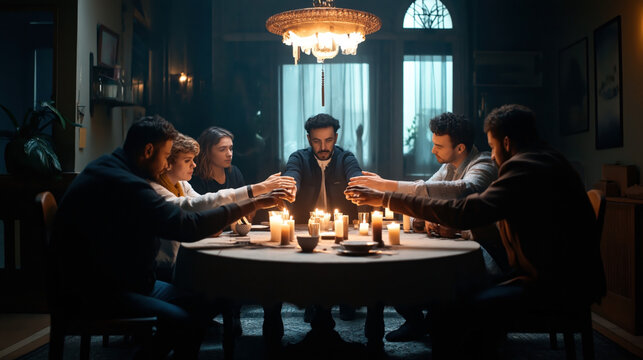 A group of six people are sitting around a table in a dimly lit room with candles, holding hands as if in a moment of reflection or prayer.