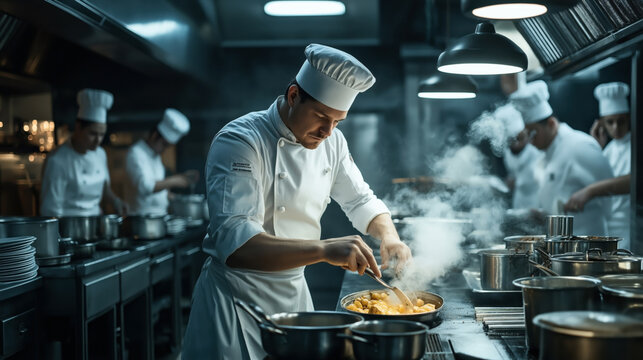 Professional chefs in a commercial kitchen preparing food. The main chef in the foreground is focusing while cooking in a skillet, with steam rising. Other chefs are seen working in the background.