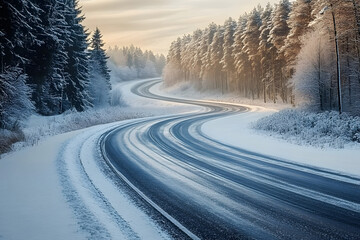 Obraz premium Winter view of a country road with snowy curves