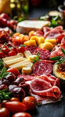 Colorful charcuterie board featuring meats, cheeses, and fresh produce