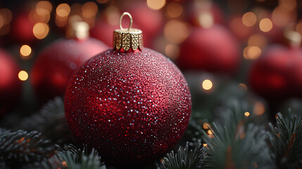 Vibrant red Christmas ornaments glitter under soft lighting, creating a festive atmosphere. These decorations, adorned with intricate glitter patterns, embody the spirit of the holiday season