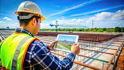 Obraz premium A civil engineer reviewing site plans on a tablet, with a large infrastructure project in the background, showing the connection between technology and hands-on supervision.