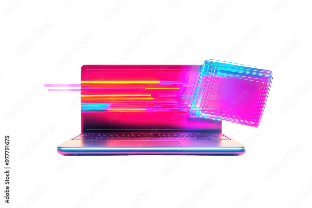 Poster a vibrant depiction of a laptop with glowing digital overlays symbolizing fast data processing and m