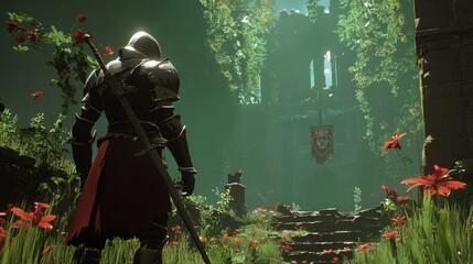 Fototapeta premium A lone knight stands in a field of red flowers before a ruined castle