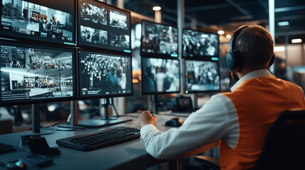 A security control room with multiple surveillance monitors showing different camera feeds. A person wearing headphones is seated at a desk, monitoring the screens.