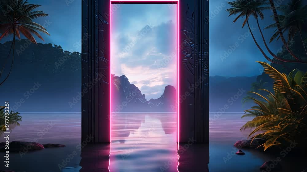 Poster mysterious door or portal with neon light in the jungle in synthwave style