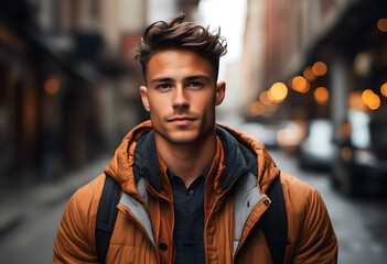 Fototapeta premium A young man stands confidently in a city street, wearing a stylish brown jacket and a backpack. The background features blurred lights and urban architecture, creating a vibrant atmosphere.
