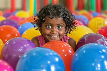 indu child playing in a pool of colorful balloons looking at camera, happiness, child care, horizontal,
