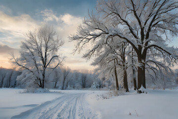 Obraz premium Winter road covered in snow, winding through bare, frosty trees