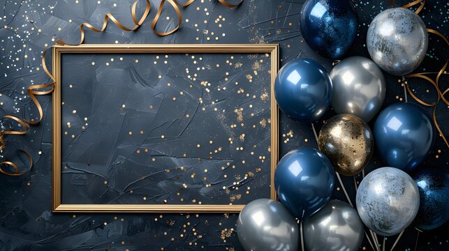 Empty golden frame with blue and silver balloons on a dark background with confetti. Festive flat lay composition for invitation, banner,  marketing material. Party decoration concept with copy space