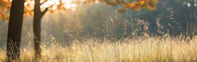 Fototapeta premium Golden autumn grassland at sunrise with trees in soft light
