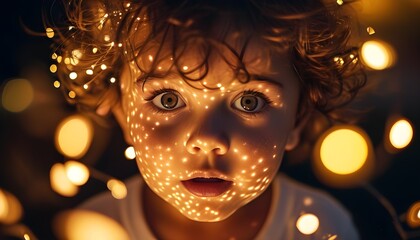 Childs Face Illuminated by Sparkling Lights, Capturing Wonder and Imagination