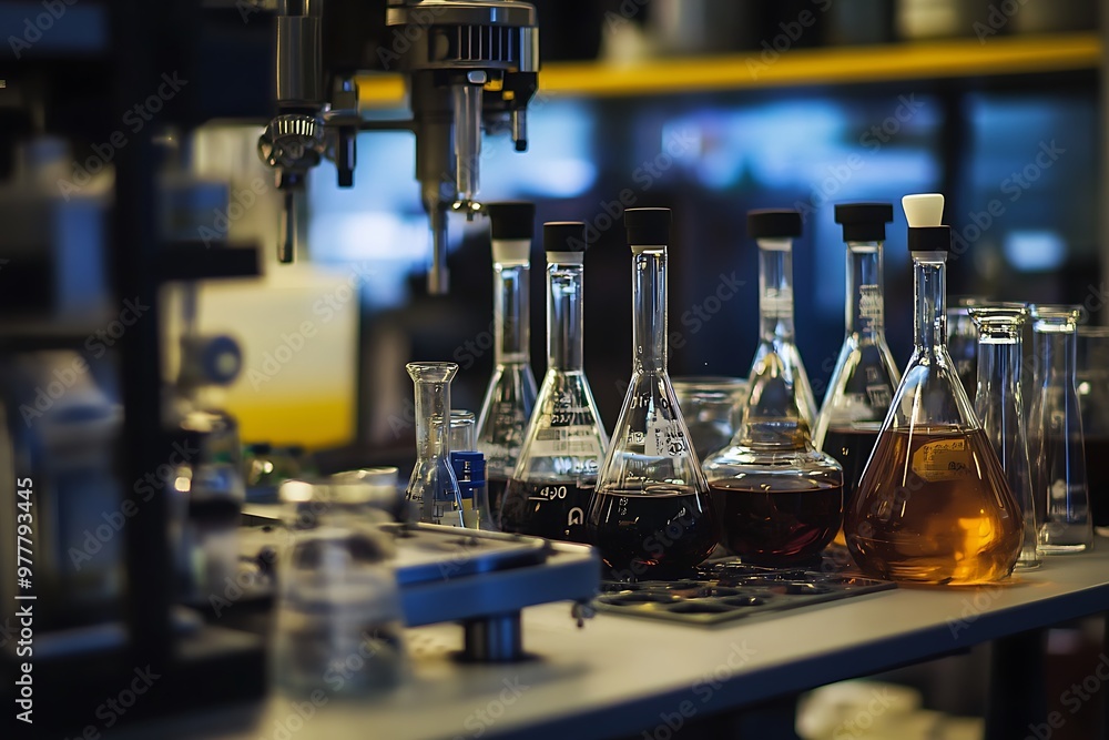 Poster closeup of beakers and flasks with colorful liquids in laboratory setting. chemistry science experim