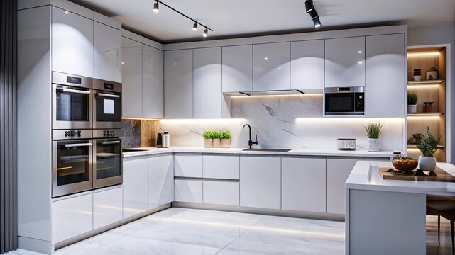 A modern kitchen with minimalist cabinetry, a clean white countertop, and integrated appliances, highlighting functionality and simplicity.