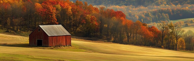 Rural landscape with a red barn surrounded by vibrant autumn foliage