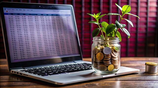 A modern, organized workspace with a small plant, a jar of saved coins, and a budgeting spreadsheet open on a laptop, highlighting financial planning.